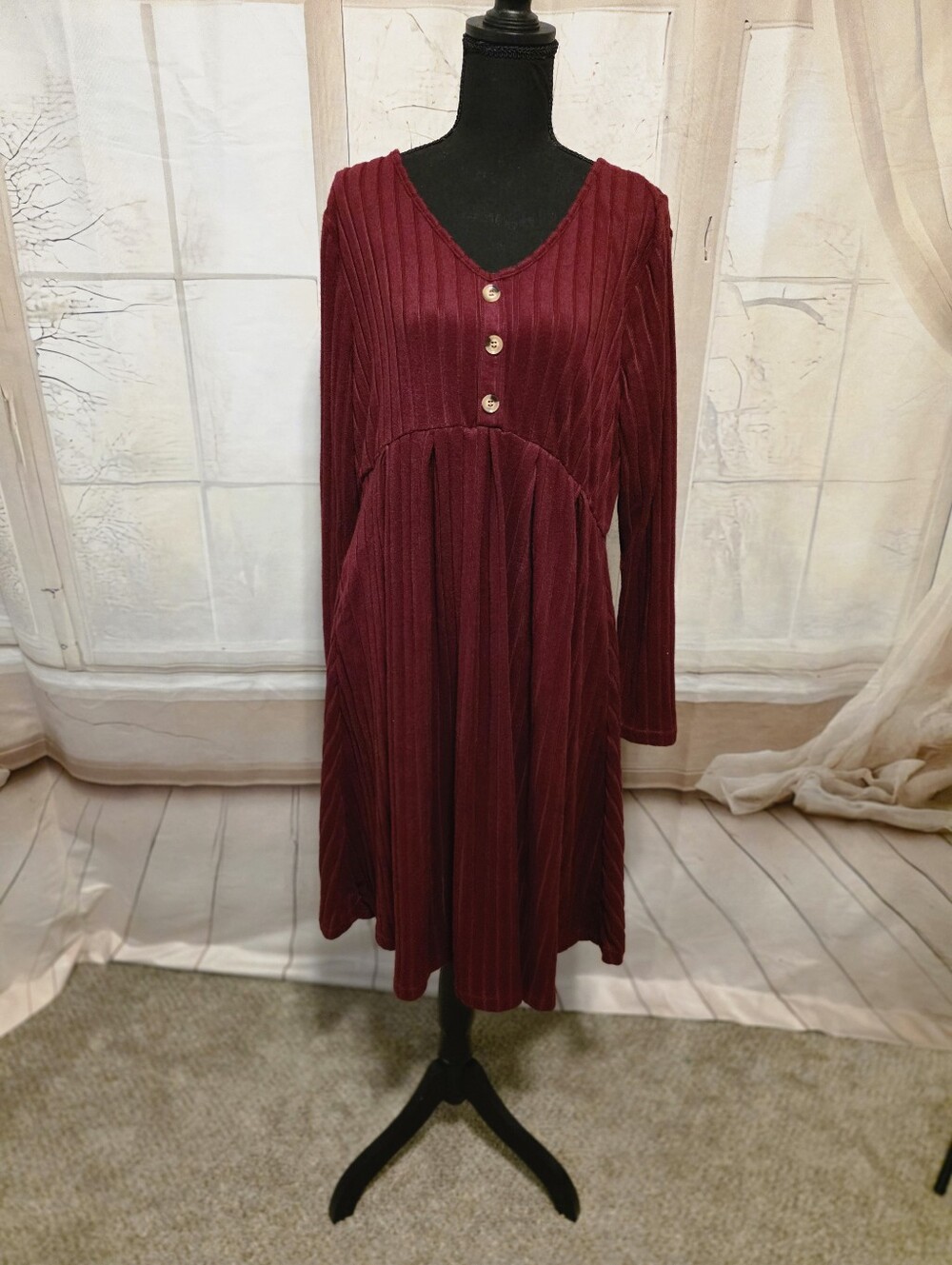 Kohl's Burgundy Velvet Long-Sleeve Button-Front Dress